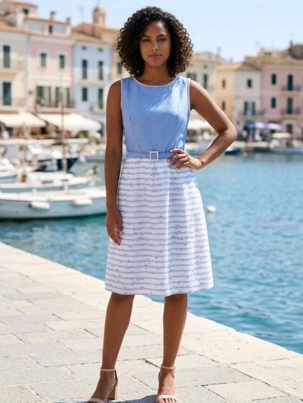 Leslie Fay Light Blue Sleeveless Midi Dress with Striped Skirt - Picture 2 of 6